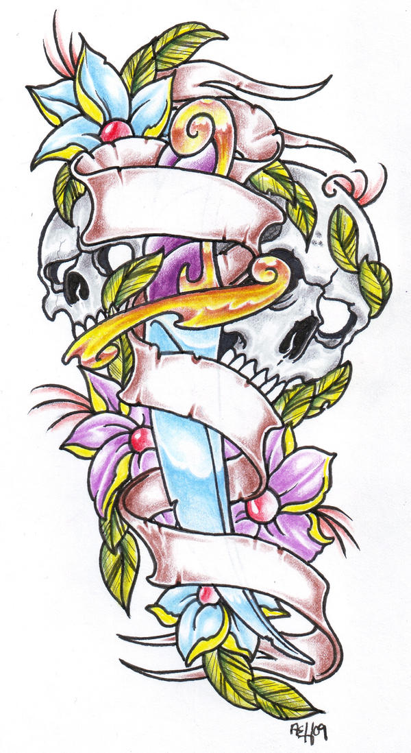 Dagger and Skulls with flowers by vikingtattoo on deviantART
