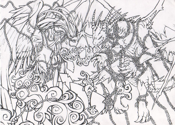 Phoenix vs Dragon Line Art by