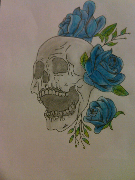 Blue Roses and Skull | Flower Tattoo